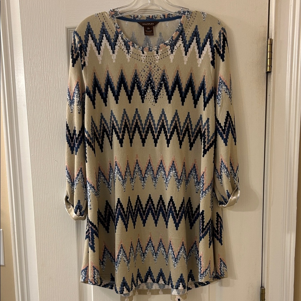 Multiples Zigzag Patterned Tunic in Beige and Navy